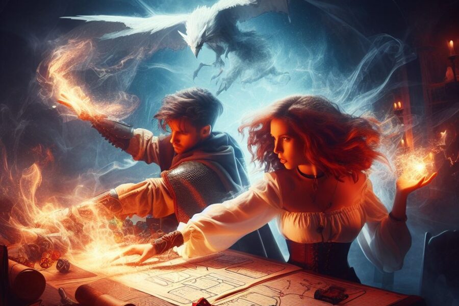 playing Dungeons and Dragons with just two players. Picture a dynamic duo, immersed in a tabletop gaming session, with their characters facing epic challenges. The air in the room is charged with excitement as they navigate a world of magic, bravery, and teamwork.