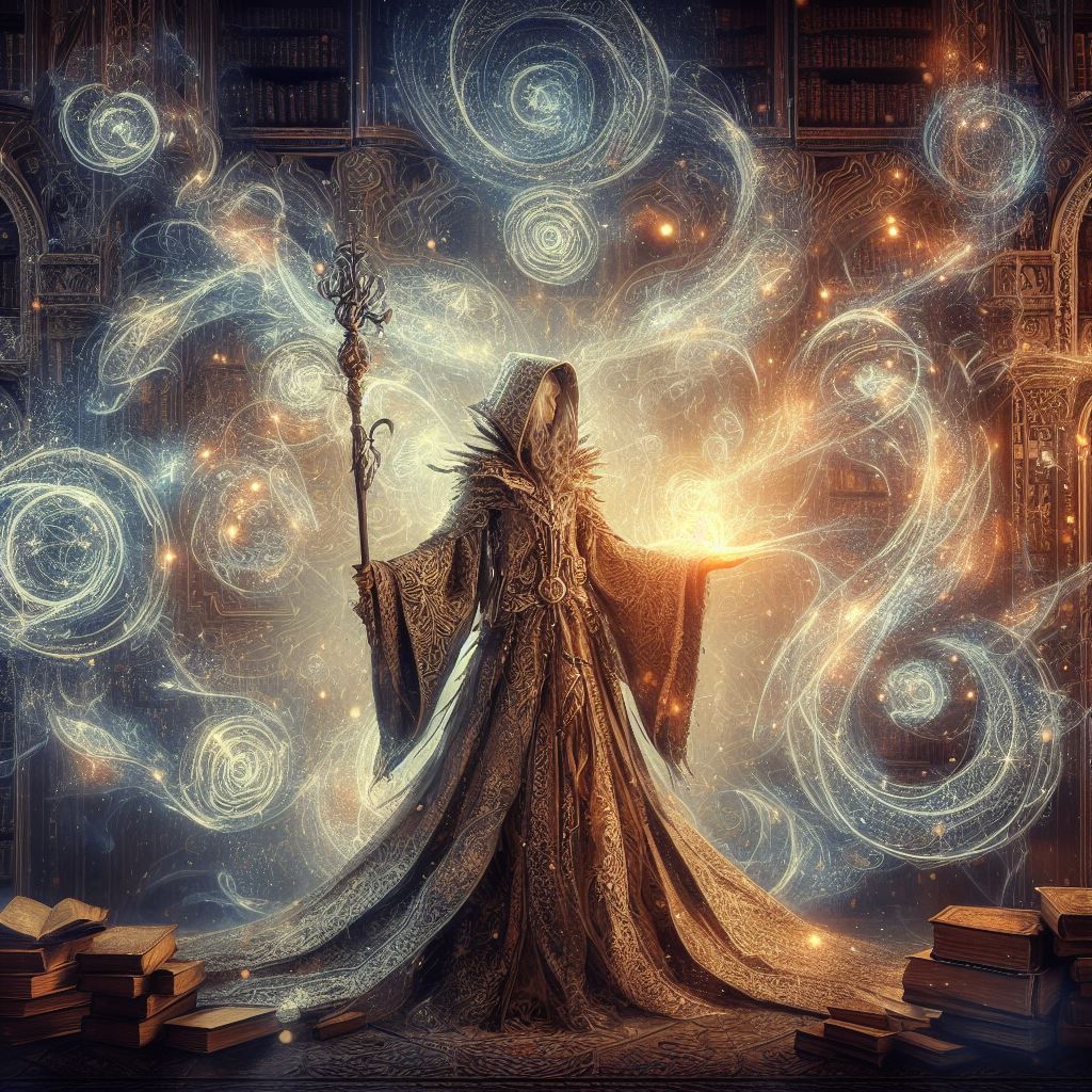 spellcaster, adorned in intricate robes and wielding a mystical staff, stands amidst a swirl of arcane energy