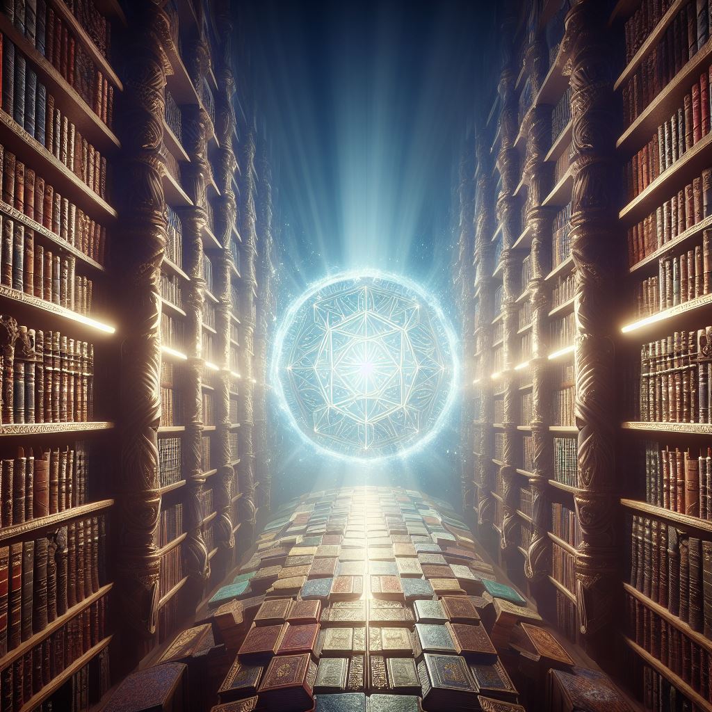 Picture of an ancient library with endless shelves filled with magical tomes and books. Each book represents a gateway to a different realm of adventure and imagination. These books offer sense of wonder and endless possibilities to players and readers in the world of D&D.