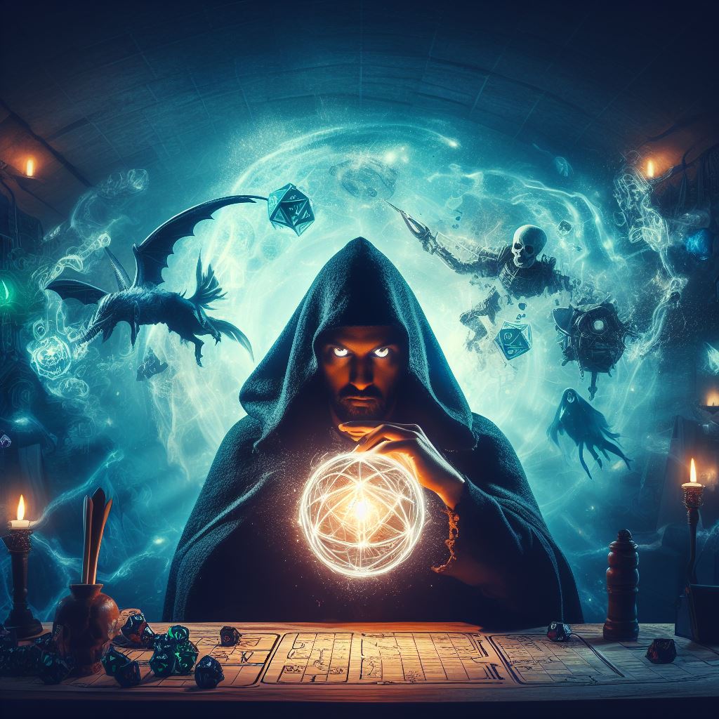 A mysterious figure at a table, surrounded by a fantasy realm. They wear a cloak, their eyes gleaming with creativity as they narrate a suspenseful scene. Around them, a world of imagination comes to life, with both perilous challenges and intriguing characters. The image should convey the DM's role as the master storyteller in the D&D adventure.