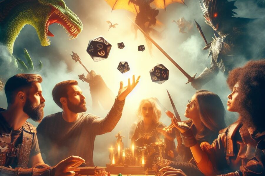 group of adventurers gathered around a tabletop, their faces filled with excitement. Dice are in mid-air, mid-battle, as epic battles unfold against mythical creatures. Characters come to life, and imagination takes center stage.