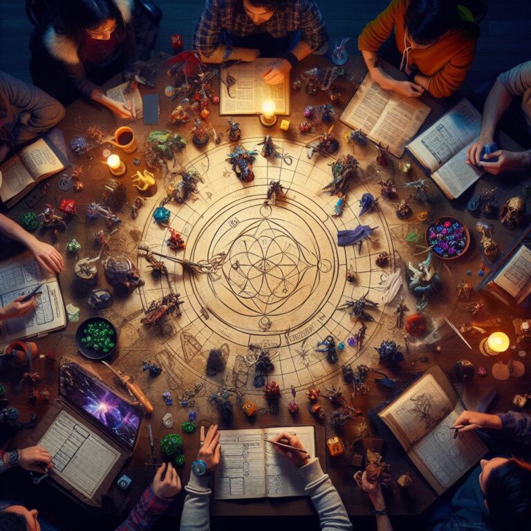 group of adventurers gathered around a table with character sheets, dice, maps, and figurines