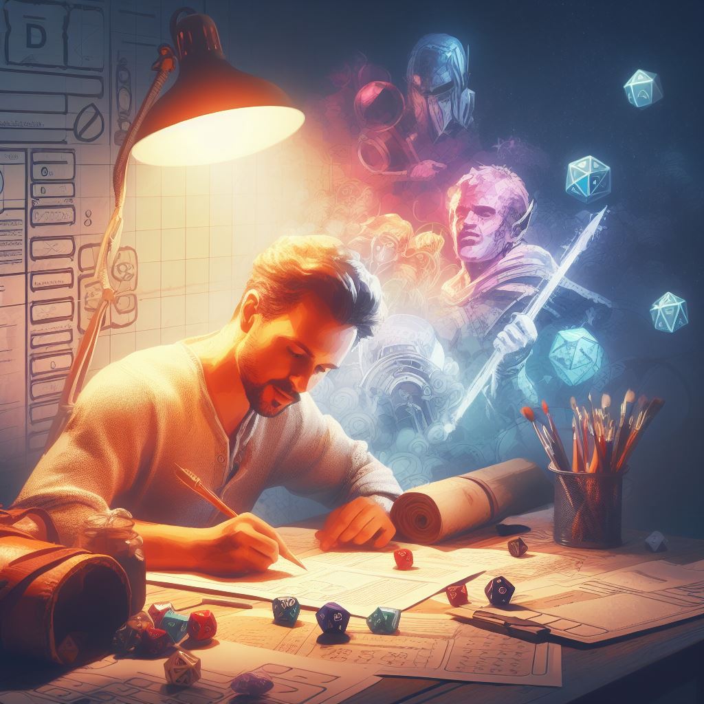 An adventurer at a table covered in character sheets and dice, bathed in a soft lamp light. 