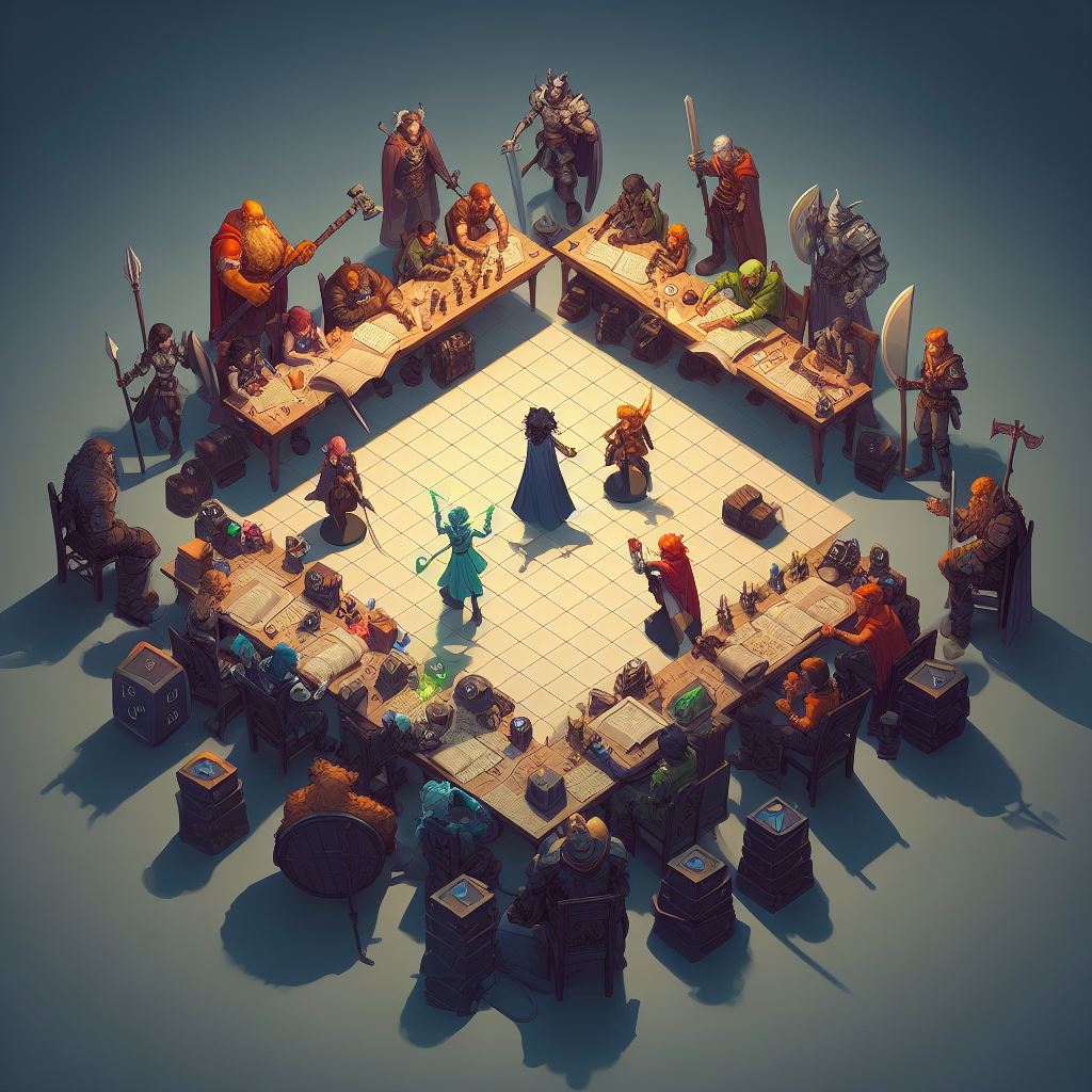 a one-on-one session with a player and Dungeon Master, a small group of adventurers huddled together, a medium-sized group strategizing, and a grand gathering of numerous players