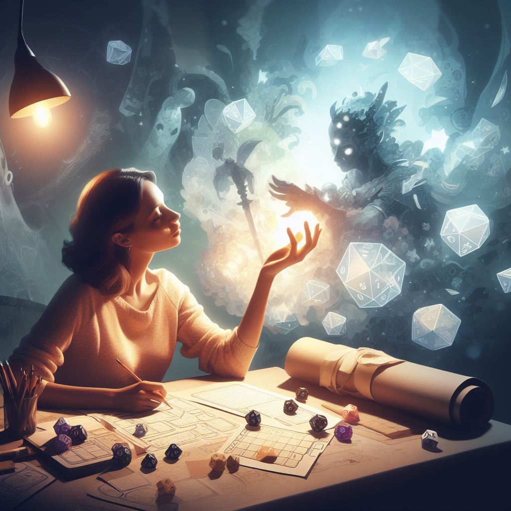 An adventurer at a table covered in character sheets and dice, bathed in a soft lamp light. Their face reflects creativity and wonder as they bring their character to life. In the background, abstract representations of attributes merge with fantasy elements.