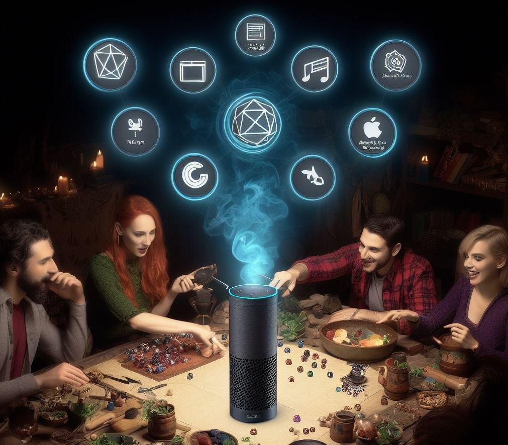a group of friends gathered around a tabletop, an Amazon Echo device in the center, as they immerse themselves in the game