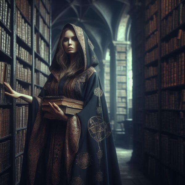 a dimly lit library, its shelves towering with ancient tomes, leather-bound volumes whispering echoes from distant ages