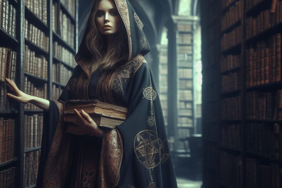 a dimly lit library, its shelves towering with ancient tomes, leather-bound volumes whispering echoes from distant ages