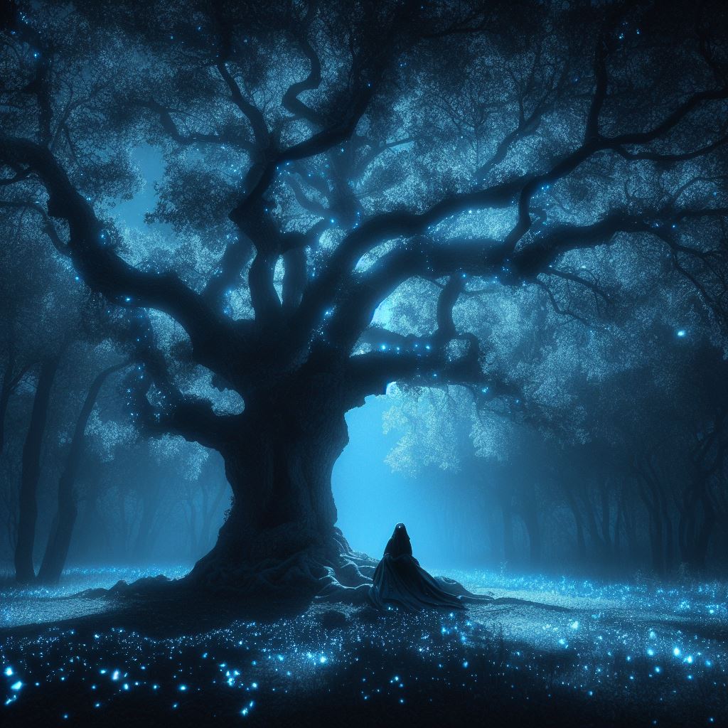 A mysterious figure, cloaked in shadow, is seated beneath the tree, surrounded by a swirl of fireflies.