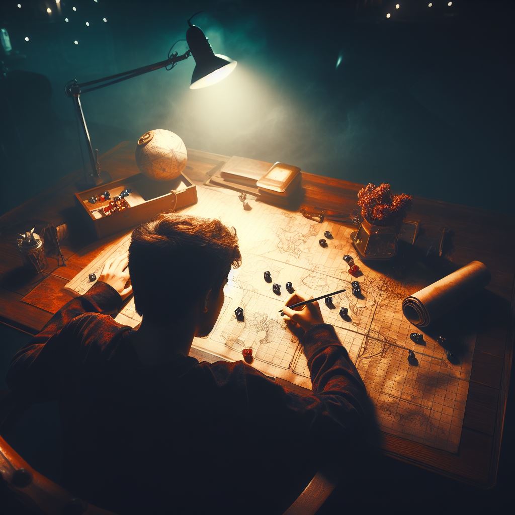 a solo adventurer at a dimly lit table, maps and dice spread out, fully engrossed in the game