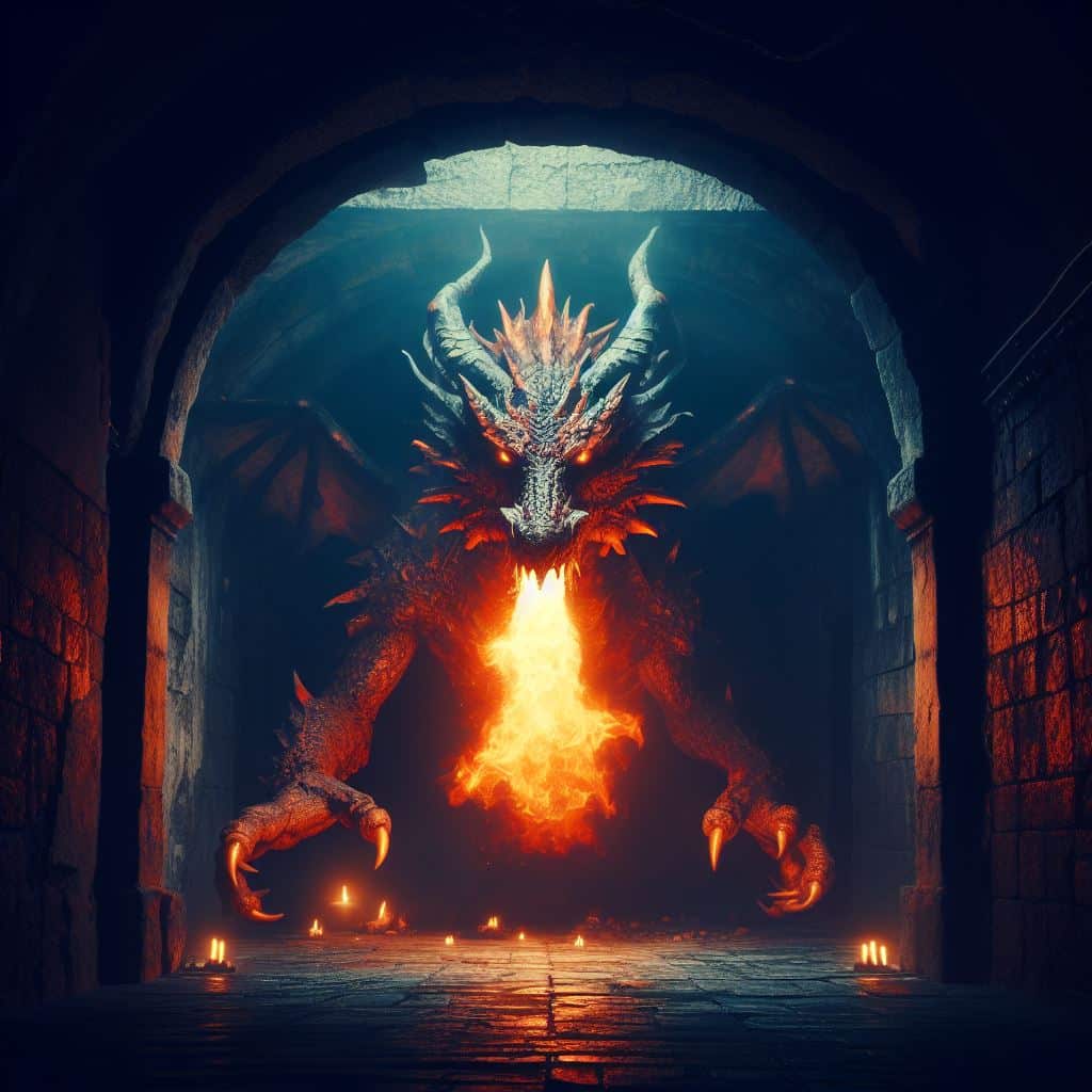 from deep within the darkness, a monstrous fire-breathing dragon appears before you