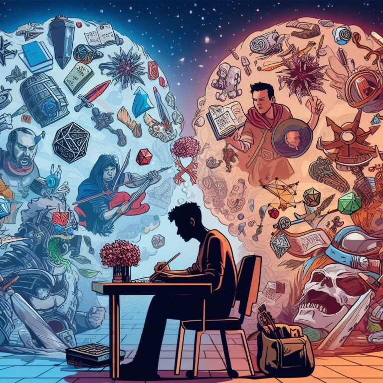 DnD player sitting at a table, deep in thought as they create their character