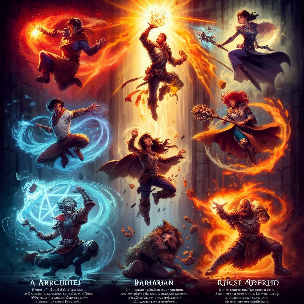 A wizard conjures a fiery meteor from the sky, a rogue gracefully evades a deadly trap, a barbarian rages with ferocity, and a paladin radiates divine energy while smiting a formidable foe